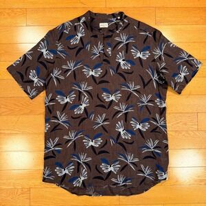 Bagutta Milano Brown Floral 100% Linen Band Collar Short Sleeve Shirt Size 41 16